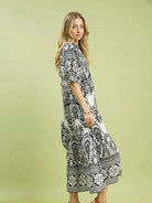 Umgee Midnight Mosaic Floral Two tone Border Print Midi Dress-Women's Dresses-Shop Z & Joxa