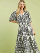Umgee Midnight Mosaic Floral Two tone Border Print Midi Dress-Women's Dresses-Shop Z & Joxa