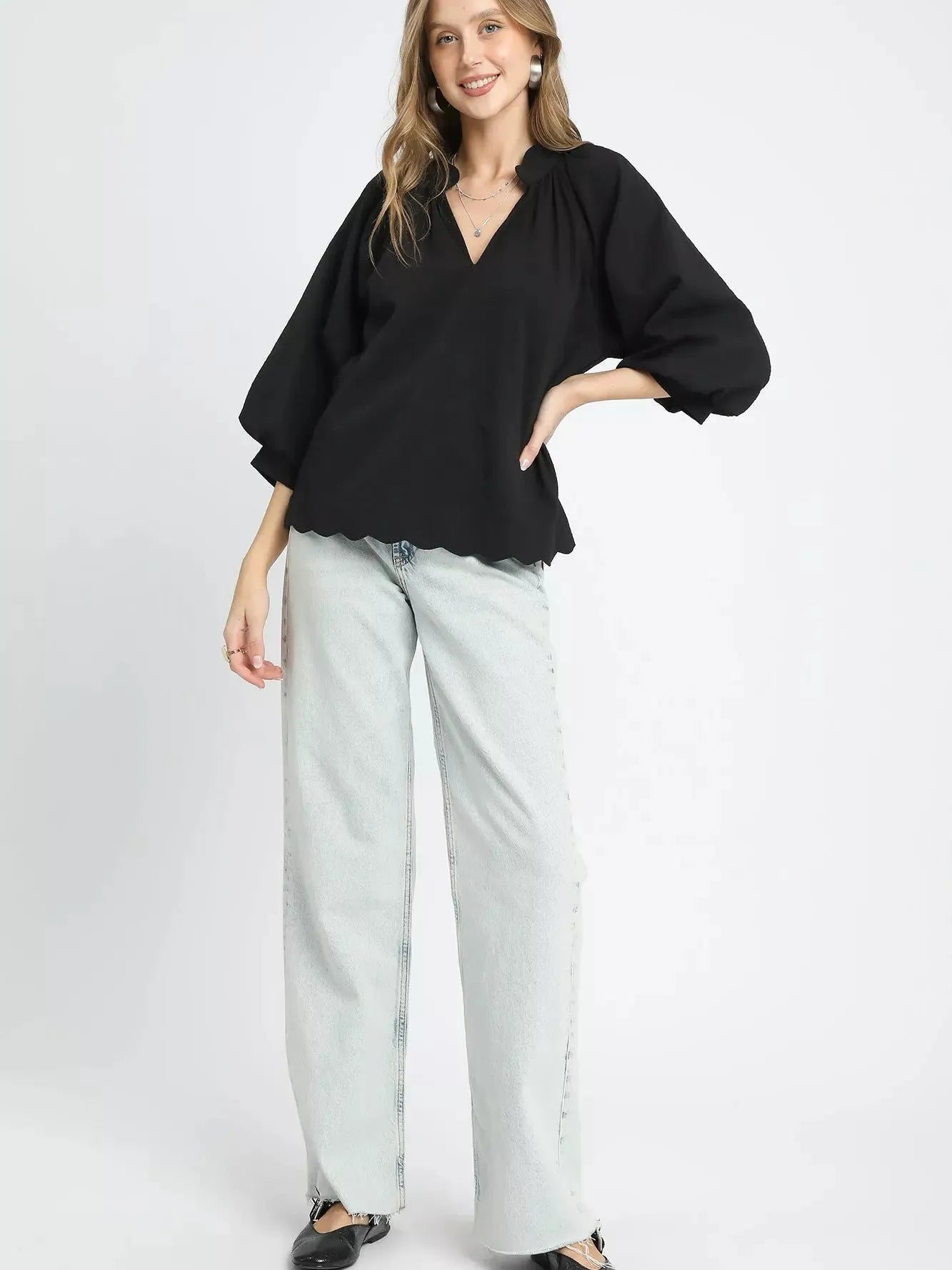 Umgee Midnight Muse Textured Notched Balloon Sleeve Blouse-Women's Shirts & Tops-Shop Z & Joxa