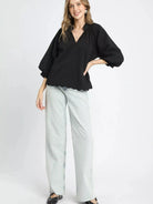 Umgee Midnight Muse Textured Notched Balloon Sleeve Blouse-Women's Shirts & Tops-Shop Z & Joxa