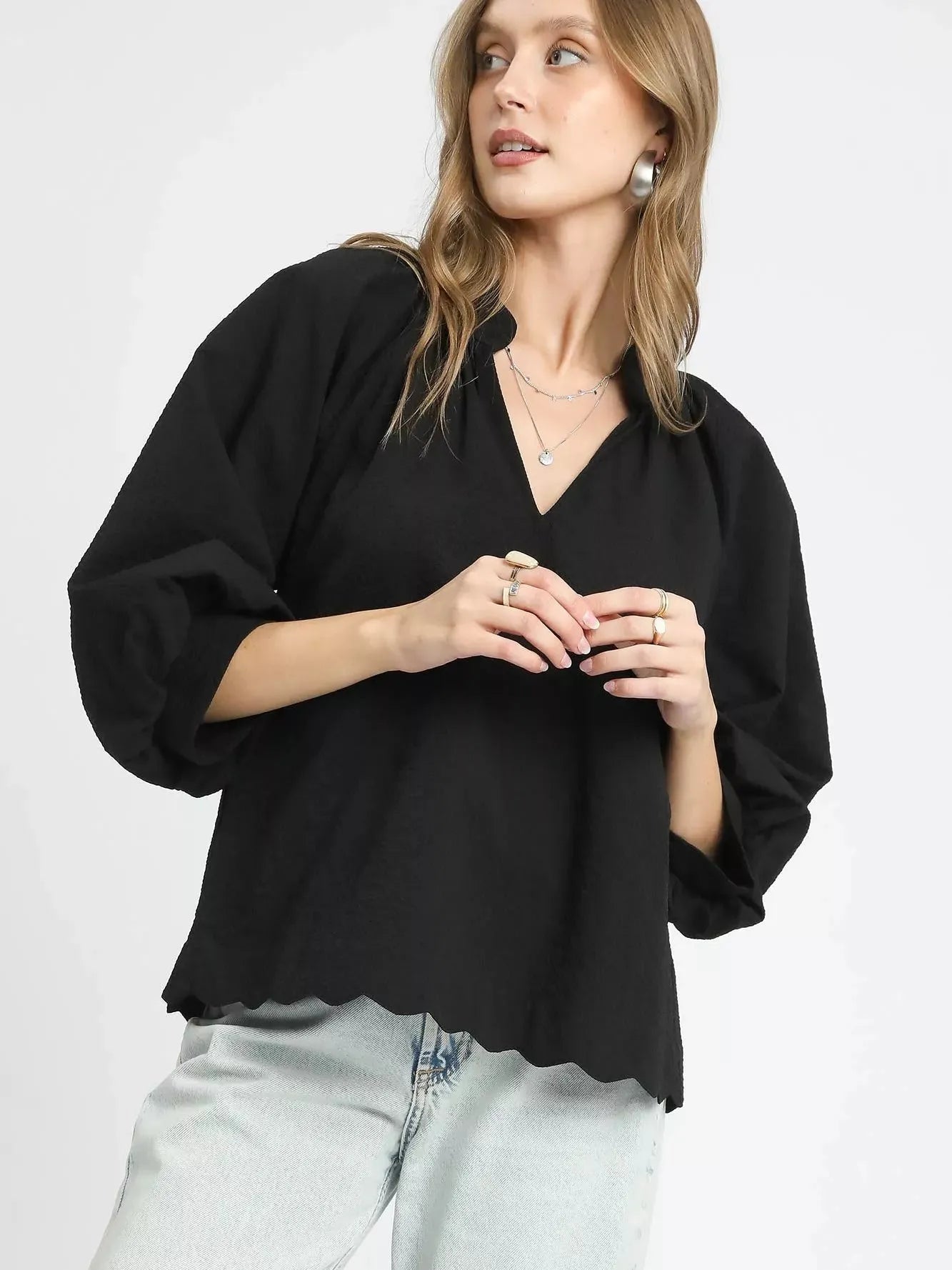 Umgee Midnight Muse Textured Notched Balloon Sleeve Blouse-Women's Shirts & Tops-Shop Z & Joxa