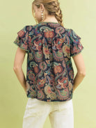 Umgee Midnight Paisley Ruffled Short Sleeve Blouse-Women's Dresses-Shop Z & Joxa