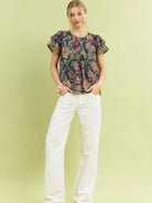 Umgee Midnight Paisley Ruffled Short Sleeve Blouse-Women's Dresses-Shop Z & Joxa