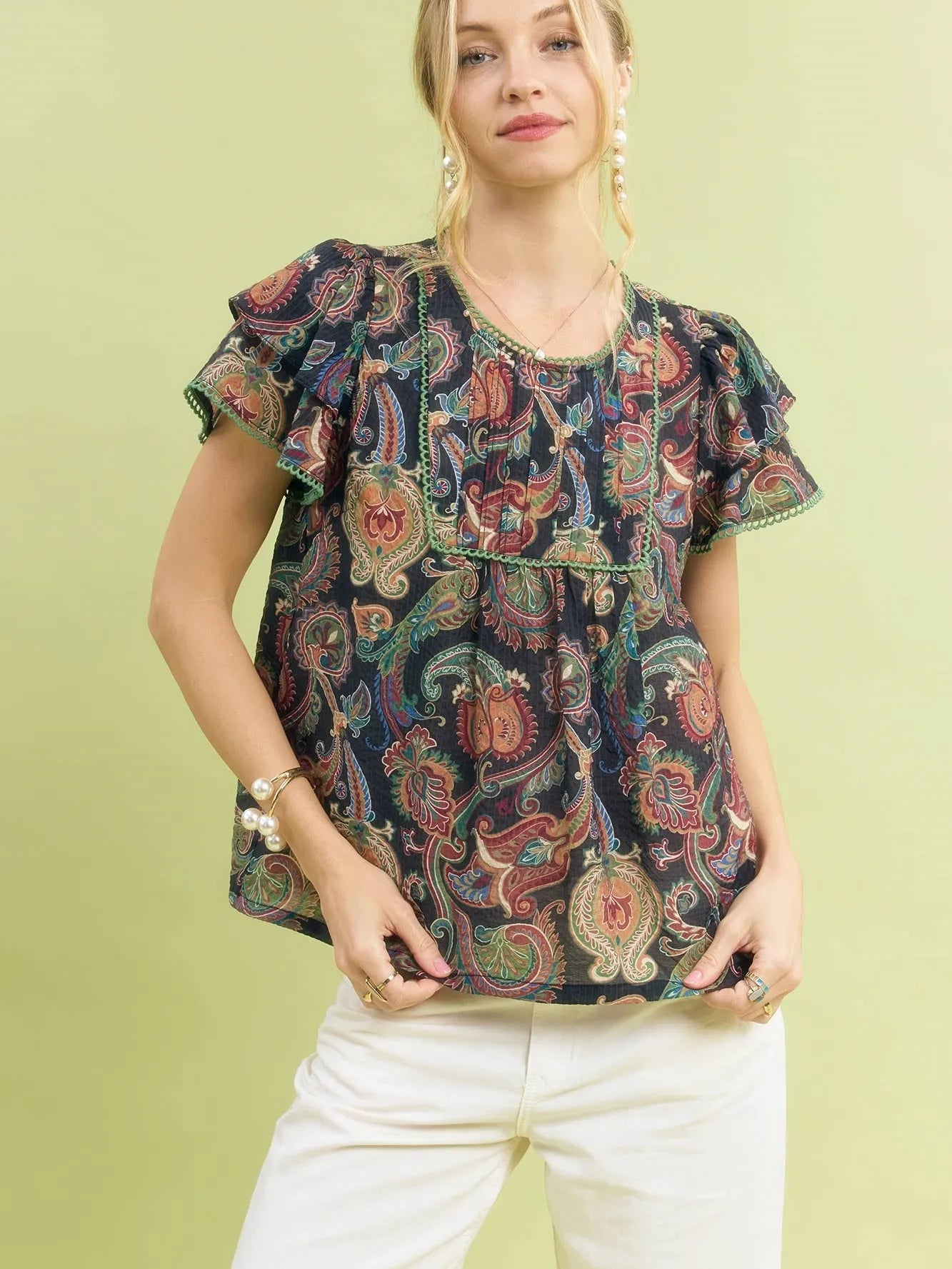 Umgee Midnight Paisley Ruffled Short Sleeve Blouse-Women's Dresses-Shop Z & Joxa