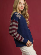 Umgee Midnight Petal Flower Striped Long Sleeve Sweater-Women's Shirts & Tops-Shop Z & Joxa