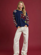 Umgee Midnight Petal Flower Striped Long Sleeve Sweater-Women's Shirts & Tops-Shop Z & Joxa