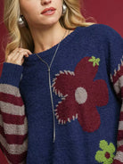 Umgee Midnight Petal Flower Striped Long Sleeve Sweater-Women's Shirts & Tops-Shop Z & Joxa