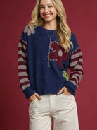 Umgee Midnight Petal Flower Striped Long Sleeve Sweater-Women's Shirts & Tops-Shop Z & Joxa
