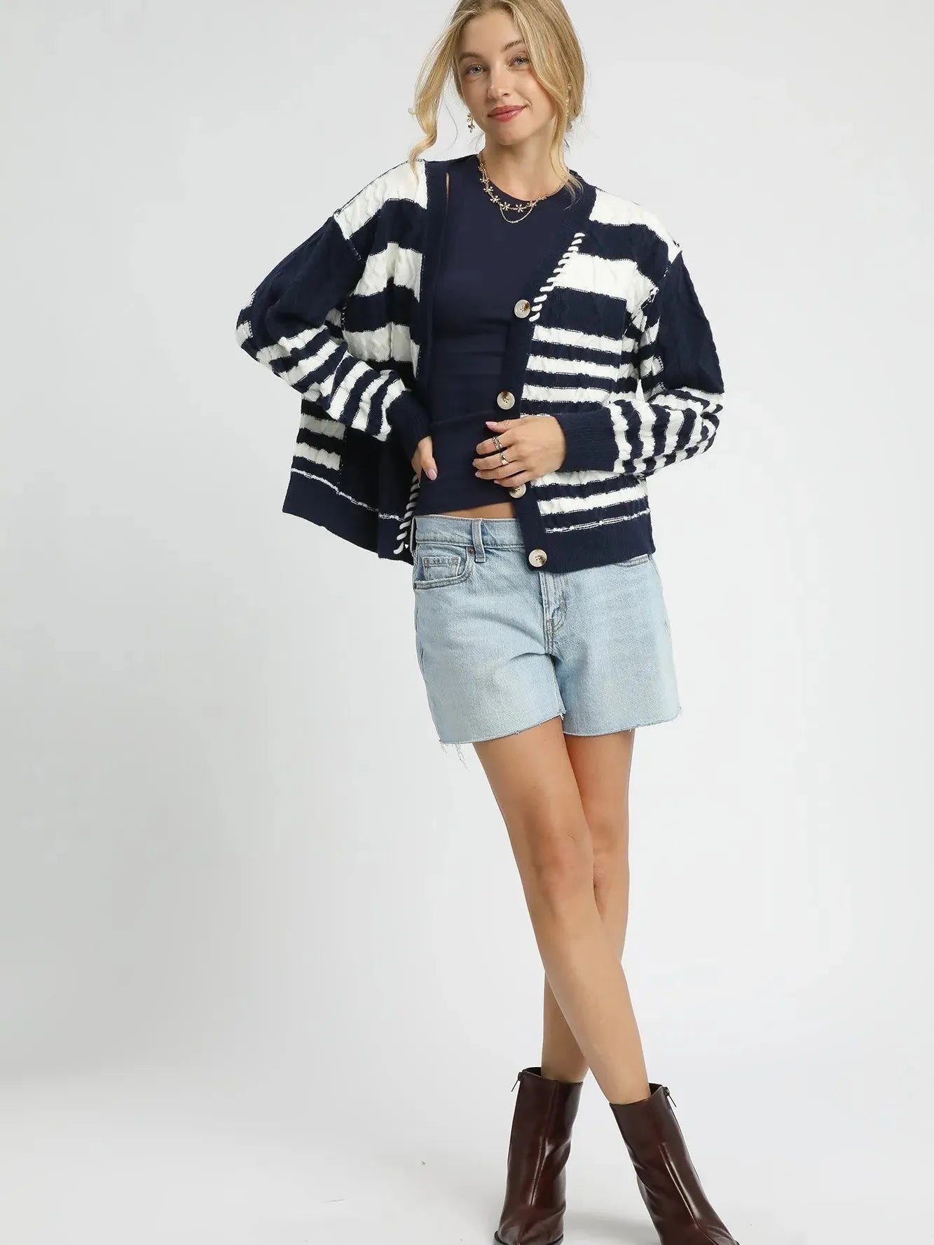 Umgee Midnight Wave Cable-Knit Stripe Button-Up Cardigan-Women's Shirts & Tops-Shop Z & Joxa