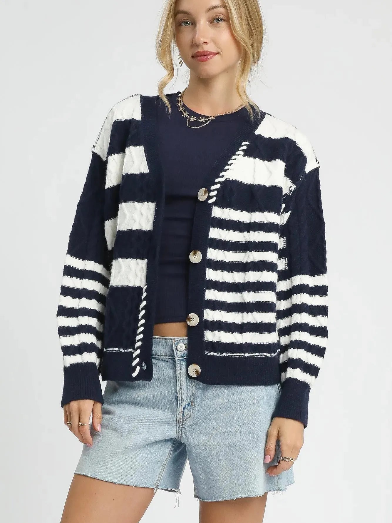 Umgee Midnight Wave Cable-Knit Stripe Button-Up Cardigan-Women's Shirts & Tops-Shop Z & Joxa