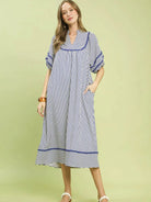 Umgee Modern Mariner Navy Stripe Puff Sleeve Midi Dress-Women's Dresses-Shop Z & Joxa
