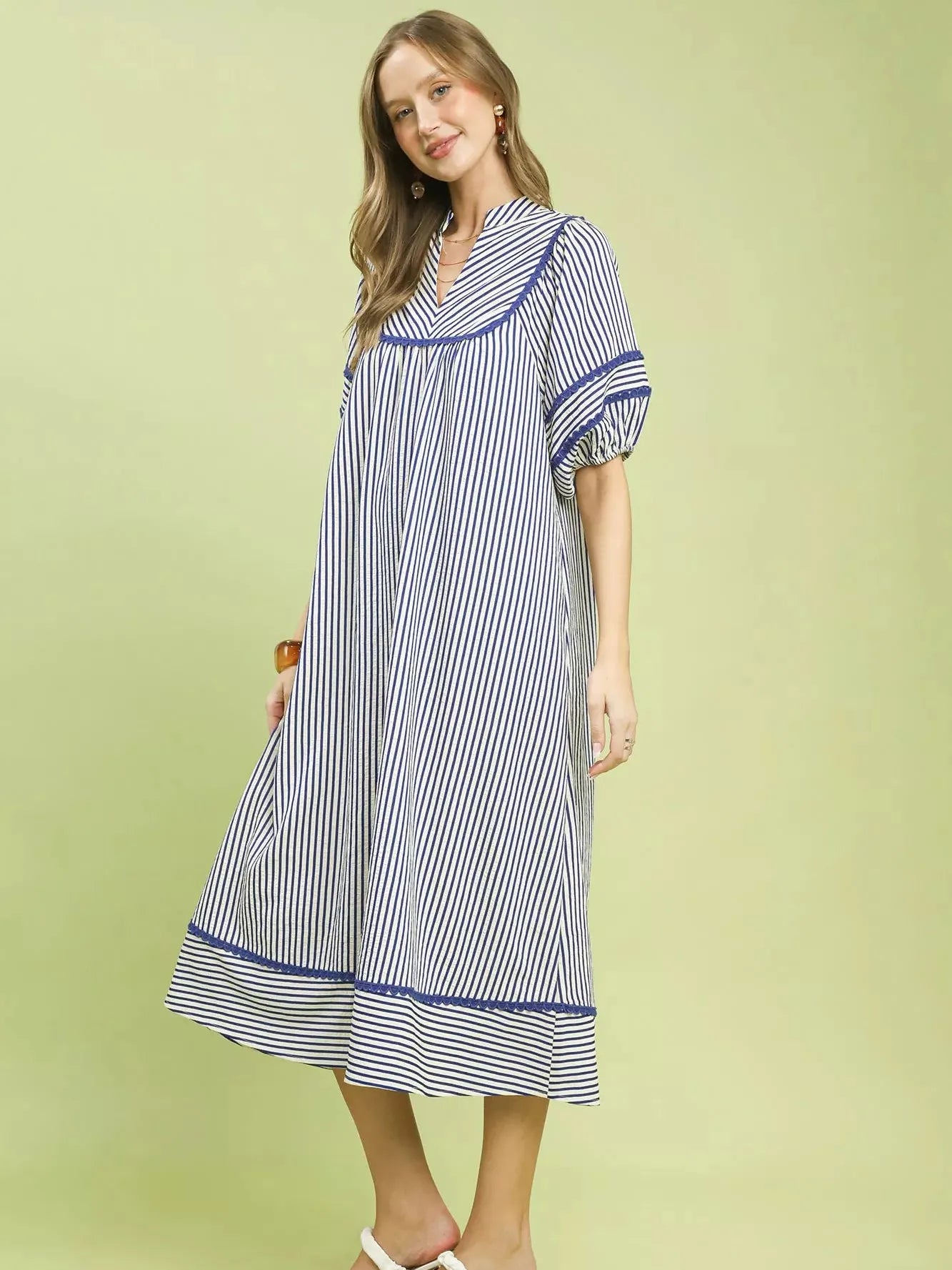 Umgee Modern Mariner Navy Stripe Puff Sleeve Midi Dress-Women's Dresses-Shop Z & Joxa