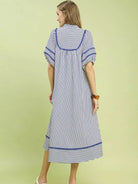 Umgee Modern Mariner Navy Stripe Puff Sleeve Midi Dress-Women's Dresses-Shop Z & Joxa