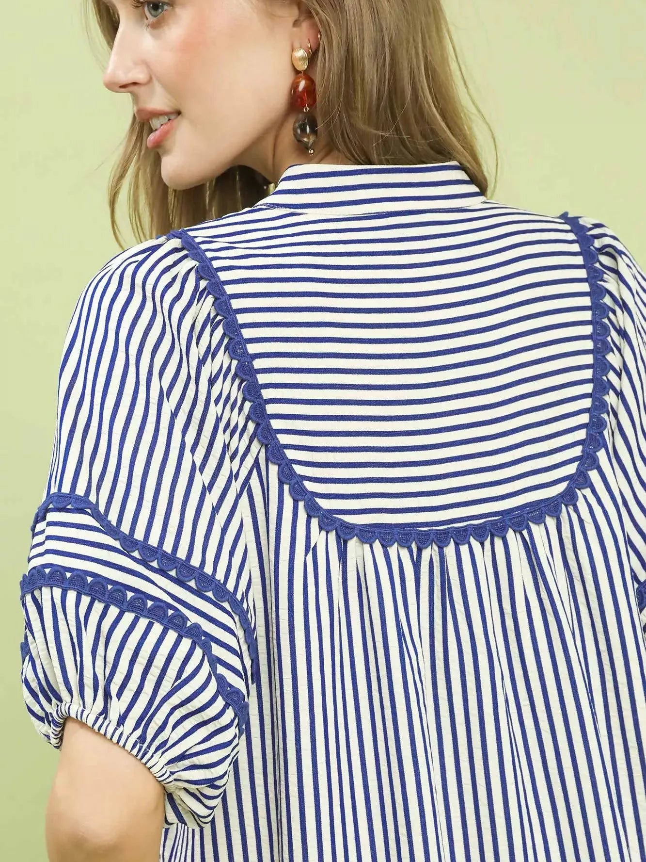 Umgee Modern Mariner Navy Stripe Puff Sleeve Midi Dress-Women's Dresses-Shop Z & Joxa