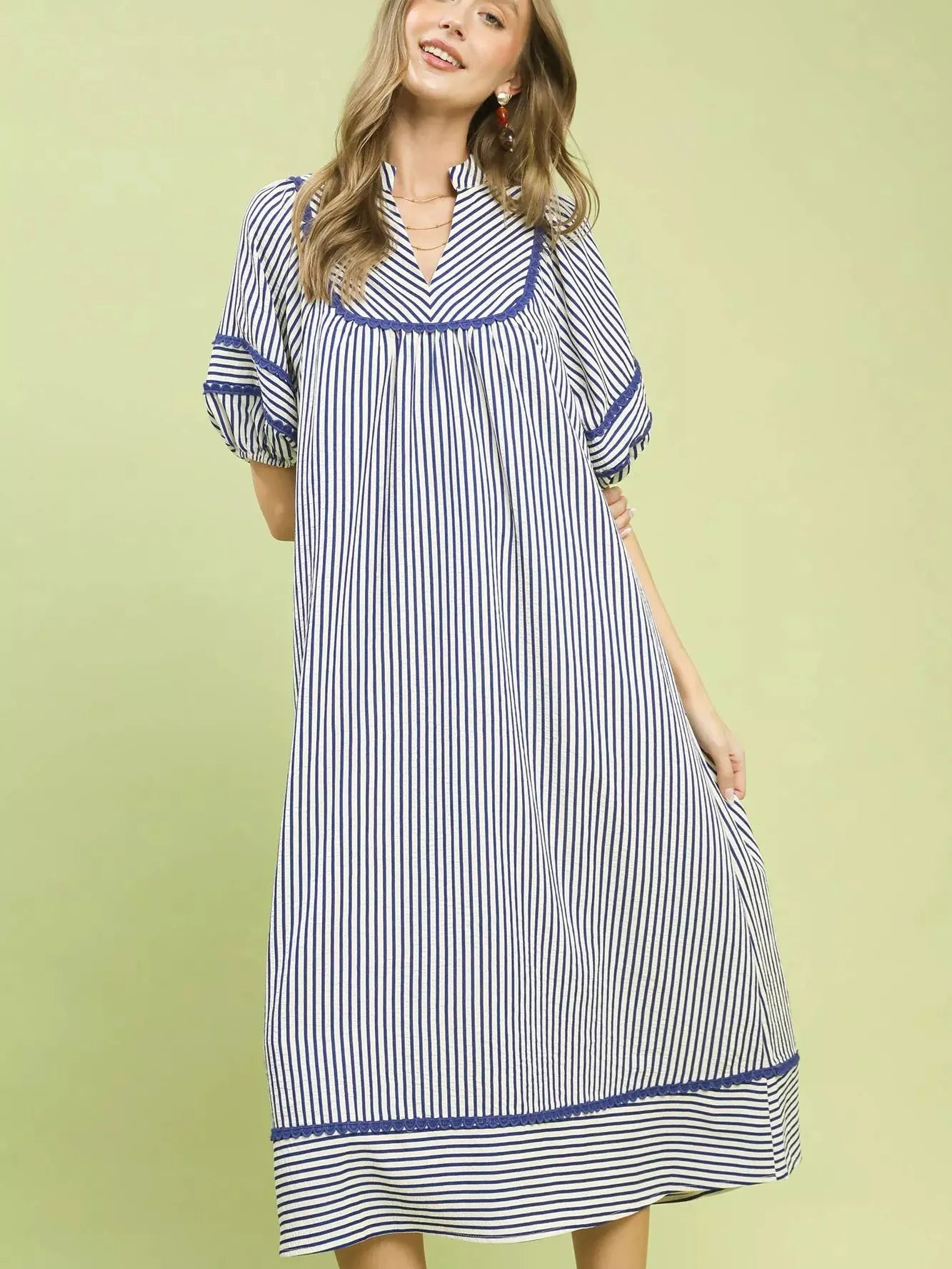 Umgee Modern Mariner Navy Stripe Puff Sleeve Midi Dress-Women's Dresses-Shop Z & Joxa