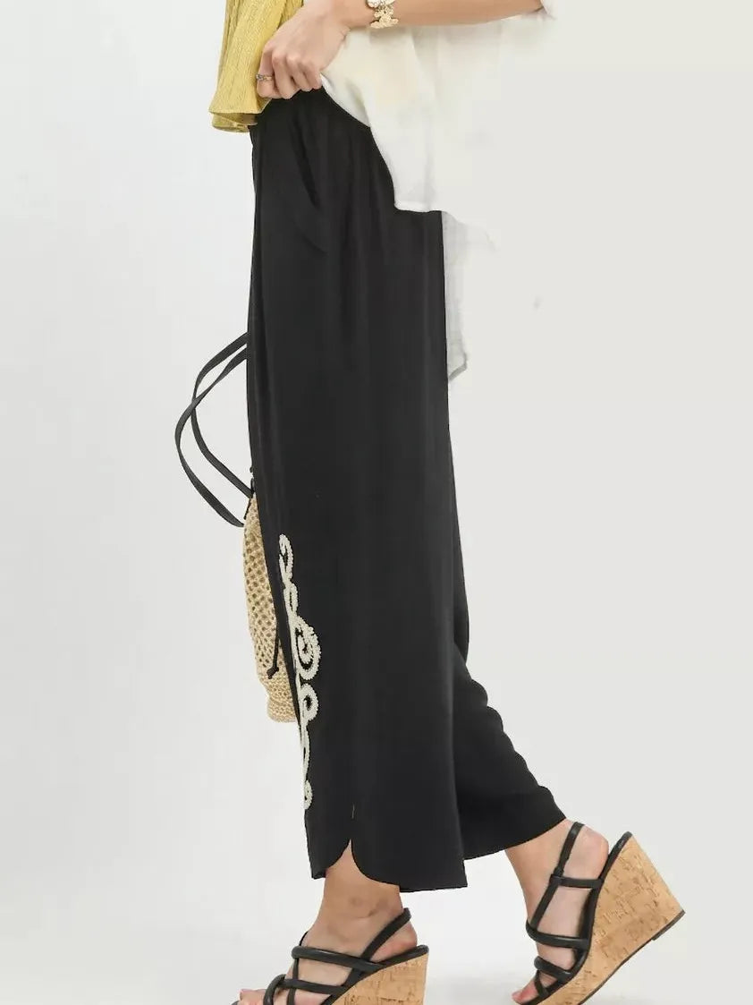 Umgee Moonflower Linen Embroidered Wide-Leg Boho Pants-Women's Pants-Shop Z & Joxa