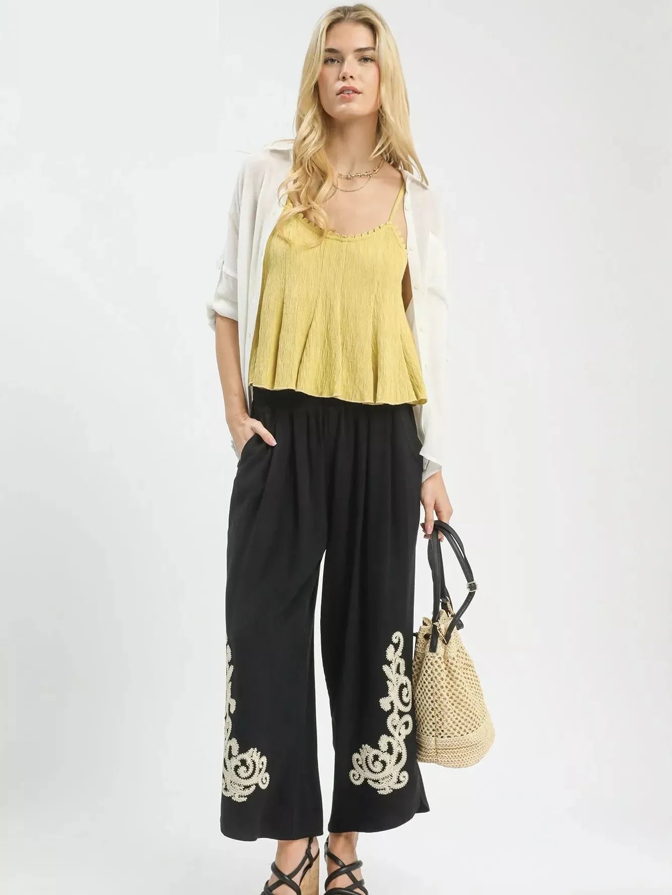 Umgee Moonflower Linen Embroidered Wide-Leg Boho Pants-Women's Pants-Shop Z & Joxa