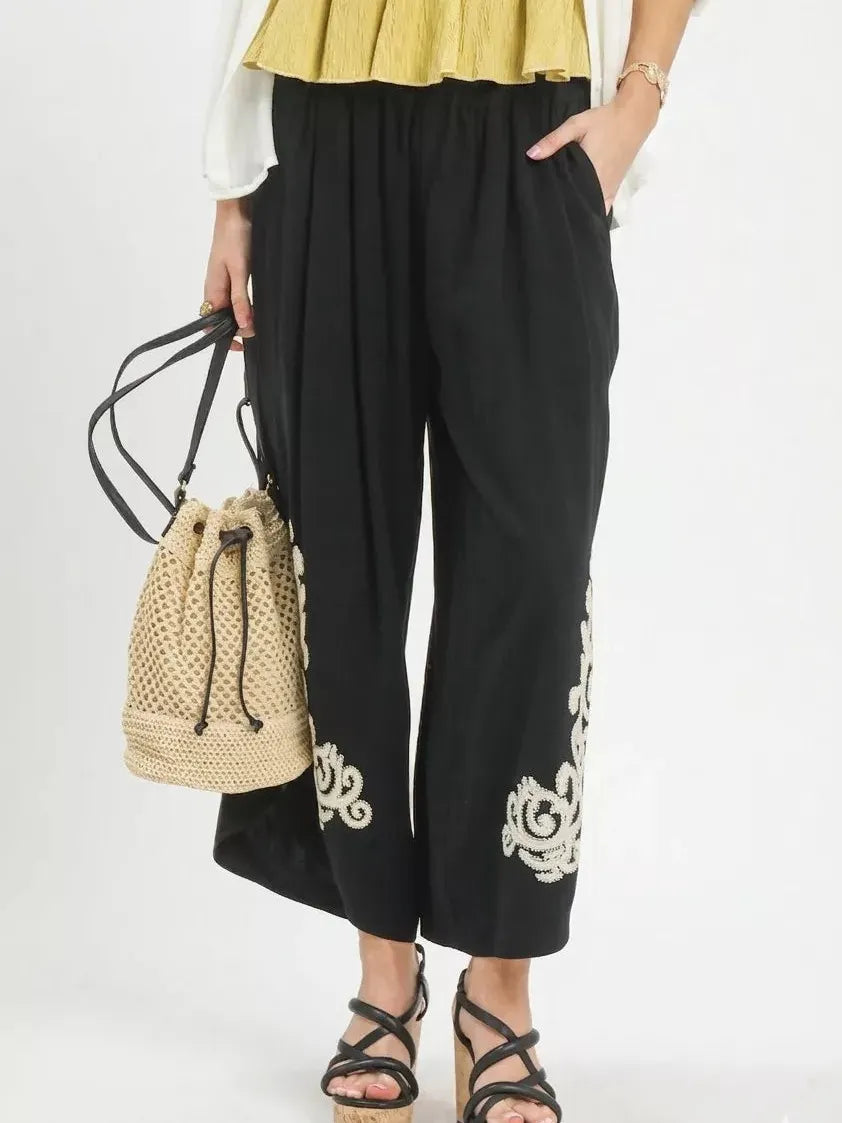 Umgee Moonflower Linen Embroidered Wide-Leg Boho Pants-Women's Pants-Shop Z & Joxa