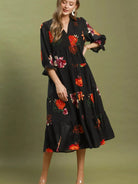 Umgee Moonlit Bloom Floral Tiered Midi Dress with Puff Sleeves-Women's Dresses-Shop Z & Joxa