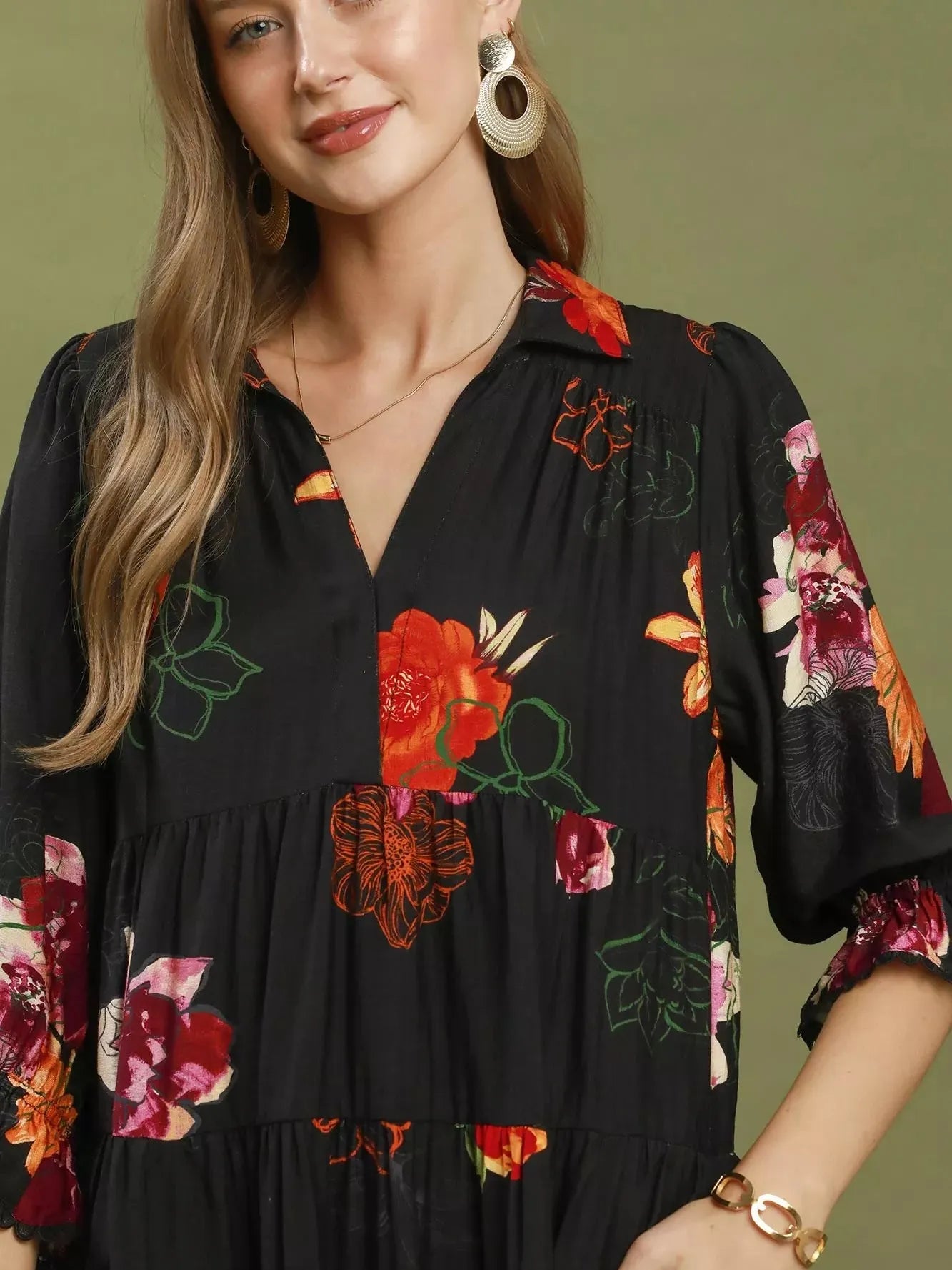 Umgee Moonlit Bloom Floral Tiered Midi Dress with Puff Sleeves-Women's Dresses-Shop Z & Joxa