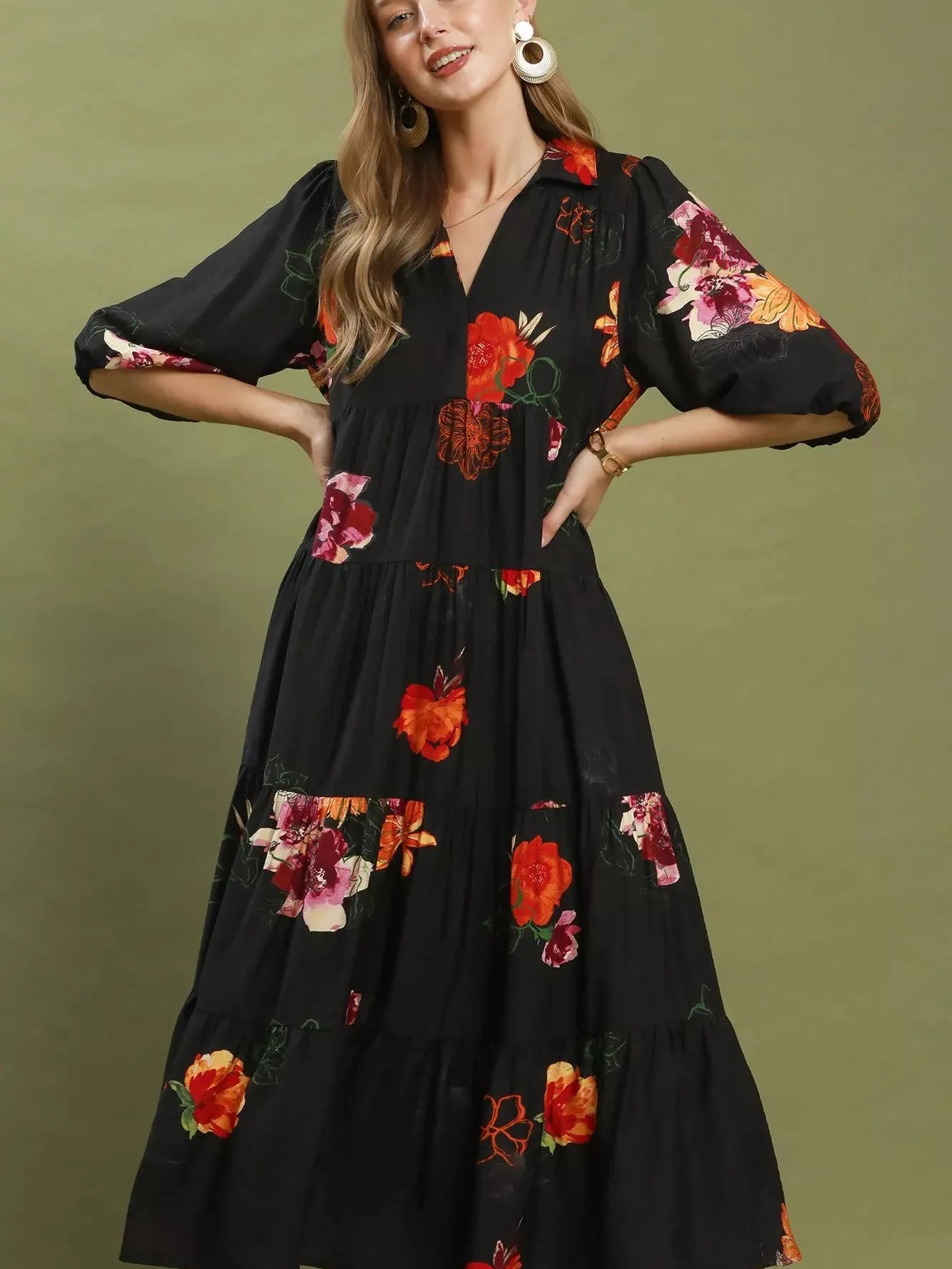 Umgee Moonlit Bloom Floral Tiered Midi Dress with Puff Sleeves-Women's Dresses-Shop Z & Joxa