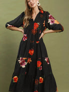 Umgee Moonlit Bloom Floral Tiered Midi Dress with Puff Sleeves-Women's Dresses-Shop Z & Joxa