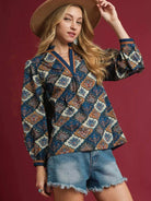 Umgee Moonlit Garden Abstract Print Ruffle Neck Top-Women's Shirts & Tops-Shop Z & Joxa