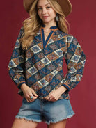 Umgee Moonlit Garden Abstract Print Ruffle Neck Top-Women's Shirts & Tops-Shop Z & Joxa