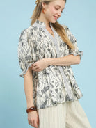 Umgee Moonlit Meadow Florat Print Top with Stripe Trim-Women's Shirts & Tops-Shop Z & Joxa