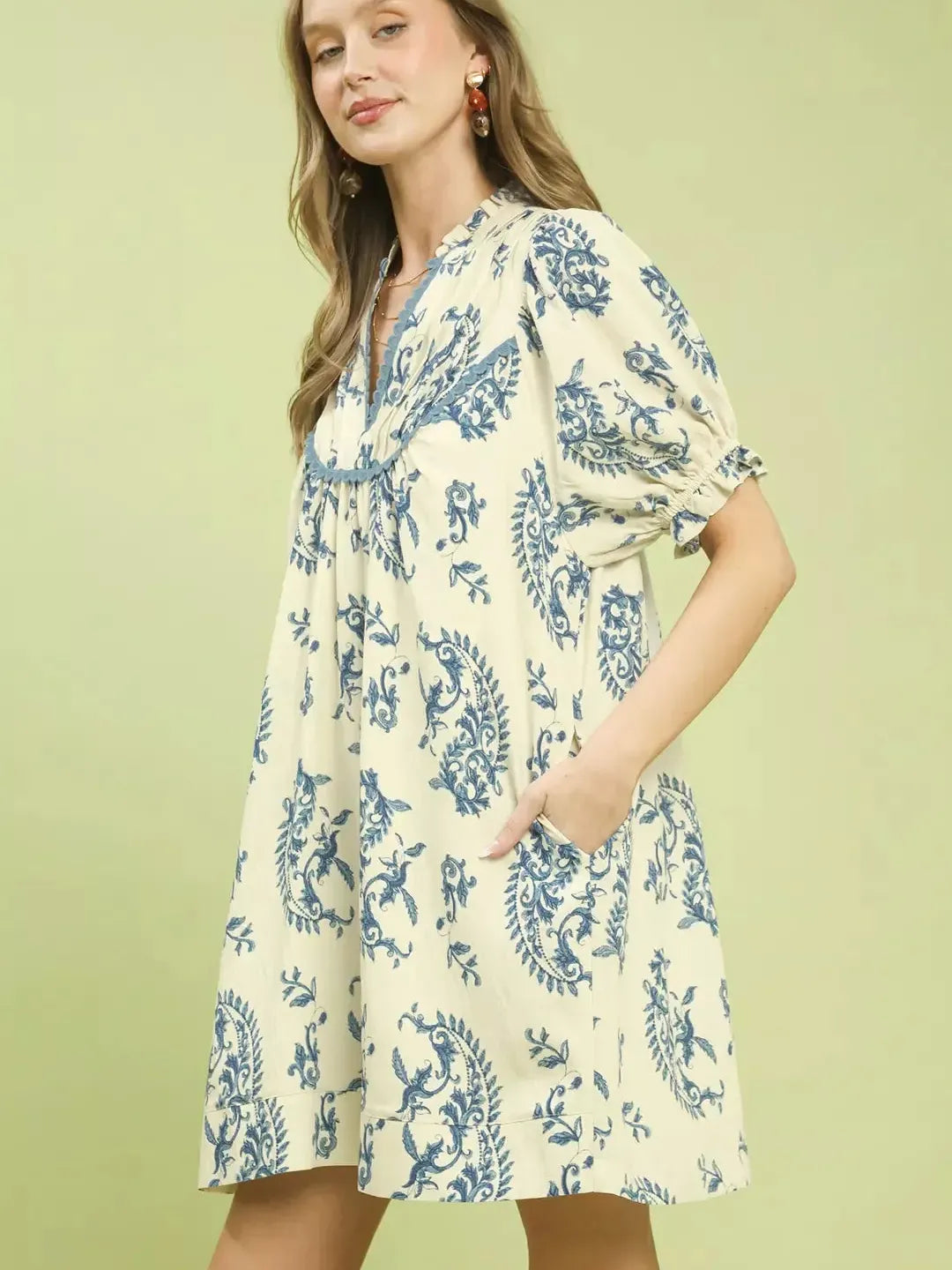 Umgee Moonlit Paisley Scallop Trim Tiered Mini Dress-Women's Dresses-Shop Z & Joxa