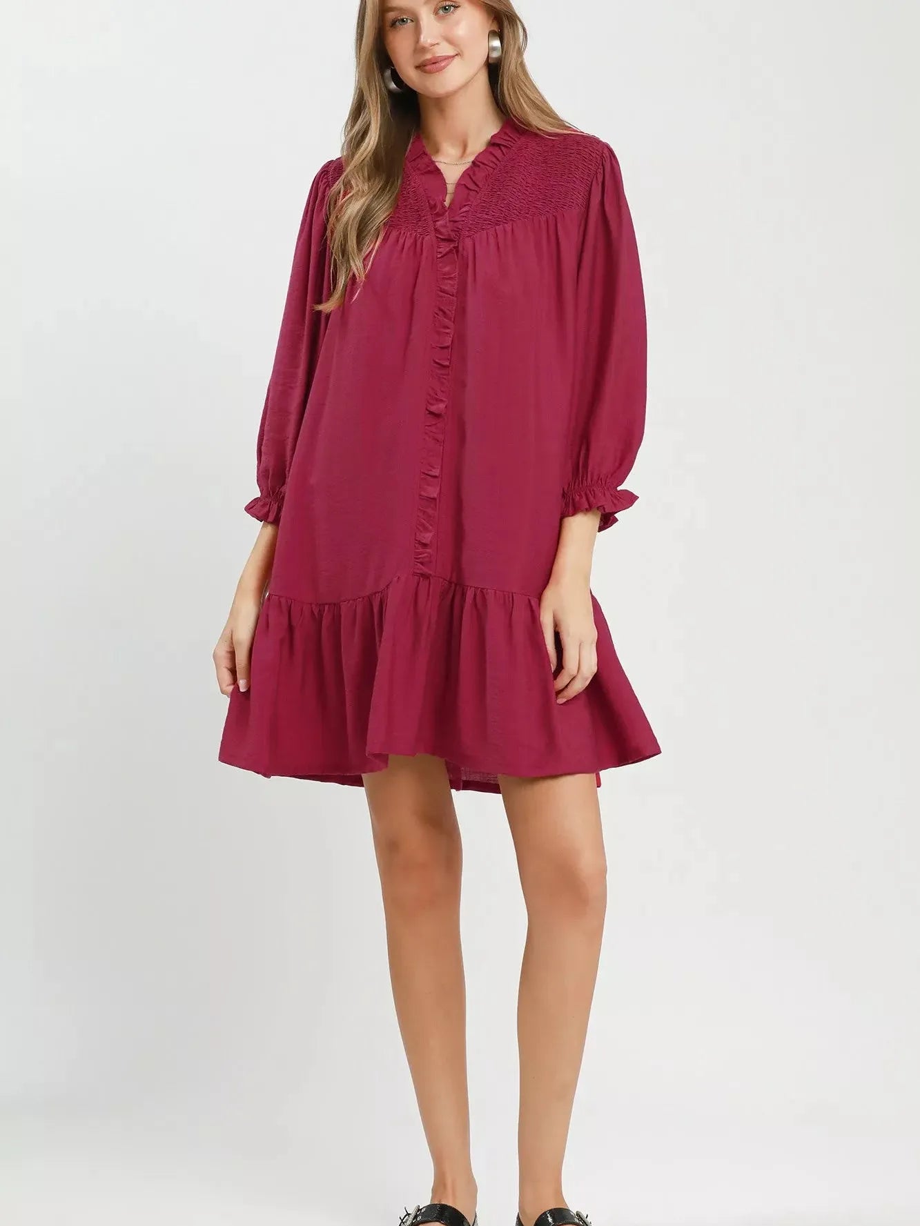 Umgee Mulberry Kiss Smocked Tiered Mini Dress with Ruffles-Women's Dresses-Shop Z & Joxa