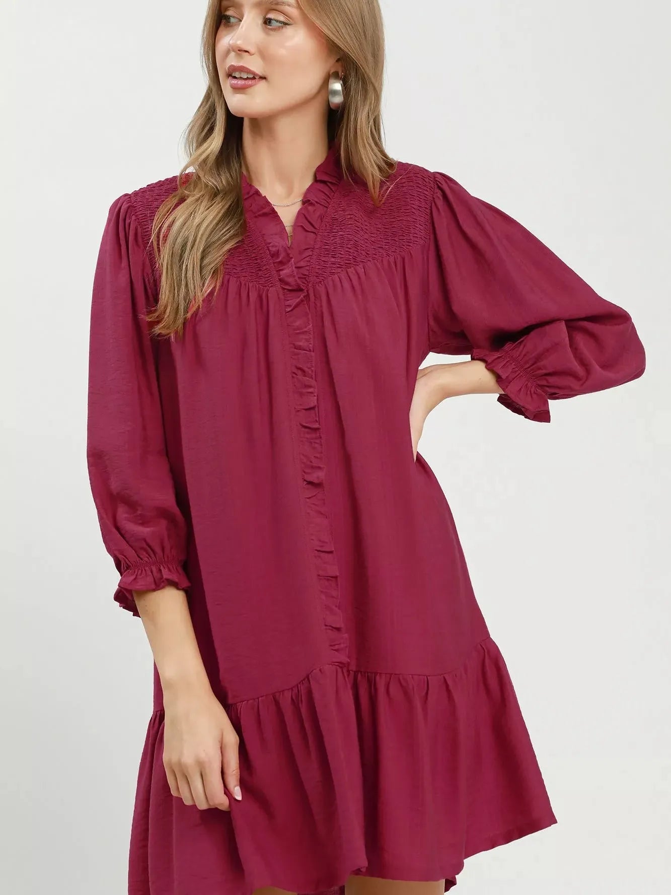 Umgee Mulberry Kiss Smocked Tiered Mini Dress with Ruffles-Women's Dresses-Shop Z & Joxa