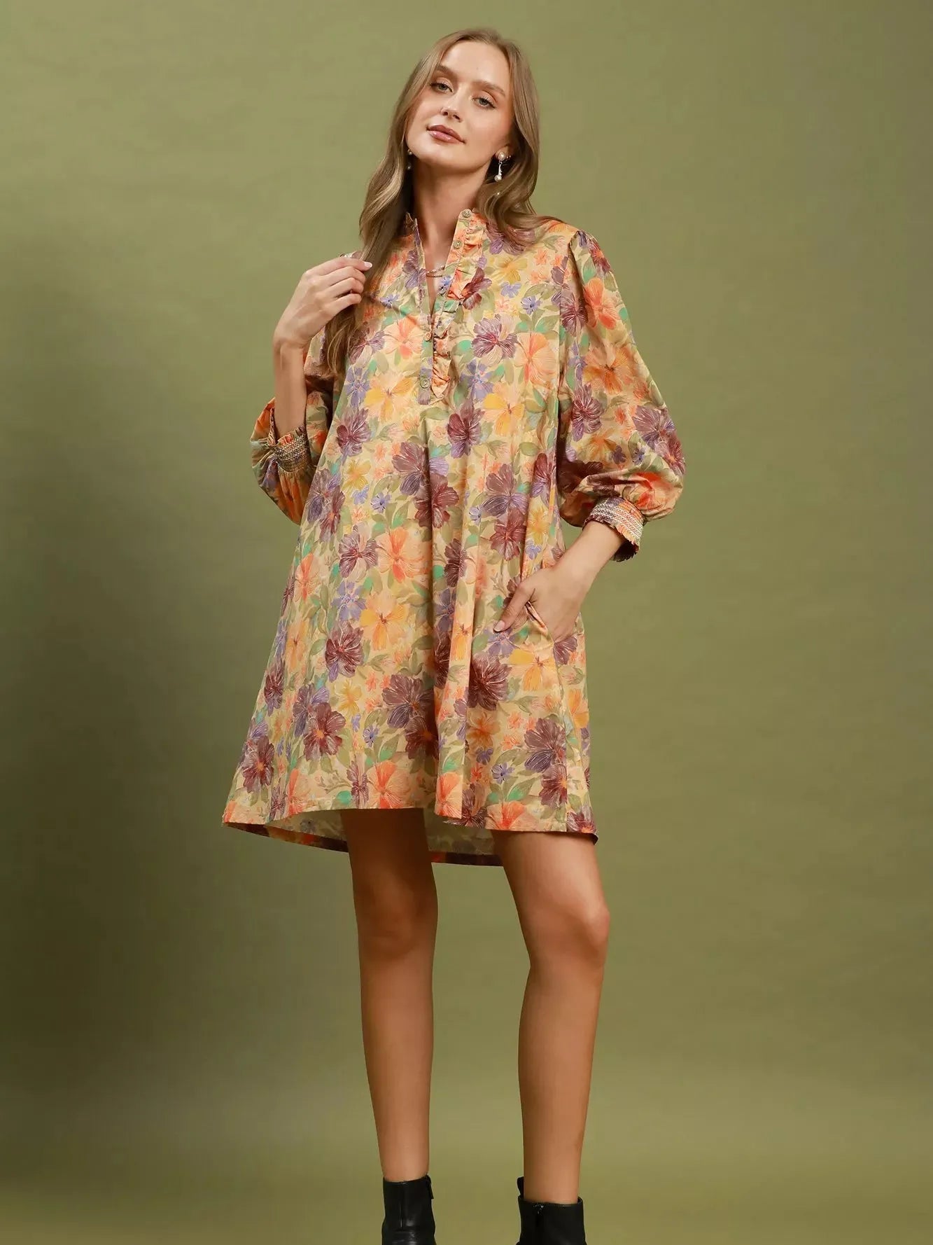 Umgee Natural Florals Smocked Ruffled Cuff Mini Dress-Women's Dresses-Shop Z & Joxa