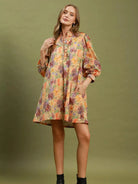 Umgee Natural Florals Smocked Ruffled Cuff Mini Dress-Women's Dresses-Shop Z & Joxa