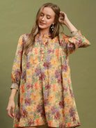 Umgee Natural Florals Smocked Ruffled Cuff Mini Dress-Women's Dresses-Shop Z & Joxa