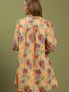 Umgee Natural Florals Smocked Ruffled Cuff Mini Dress-Women's Dresses-Shop Z & Joxa