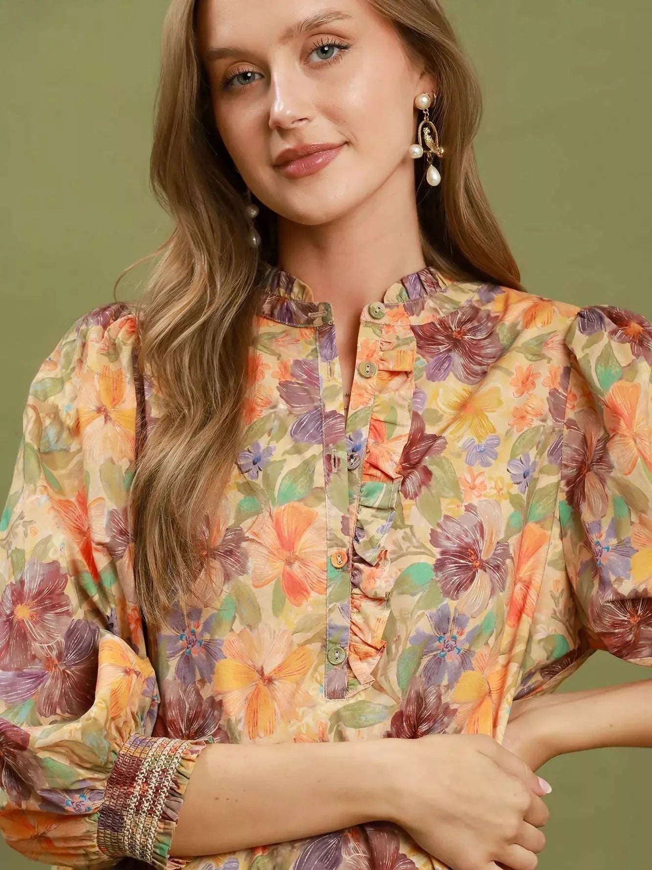 Umgee Natural Florals Smocked Ruffled Cuff Mini Dress-Women's Dresses-Shop Z & Joxa
