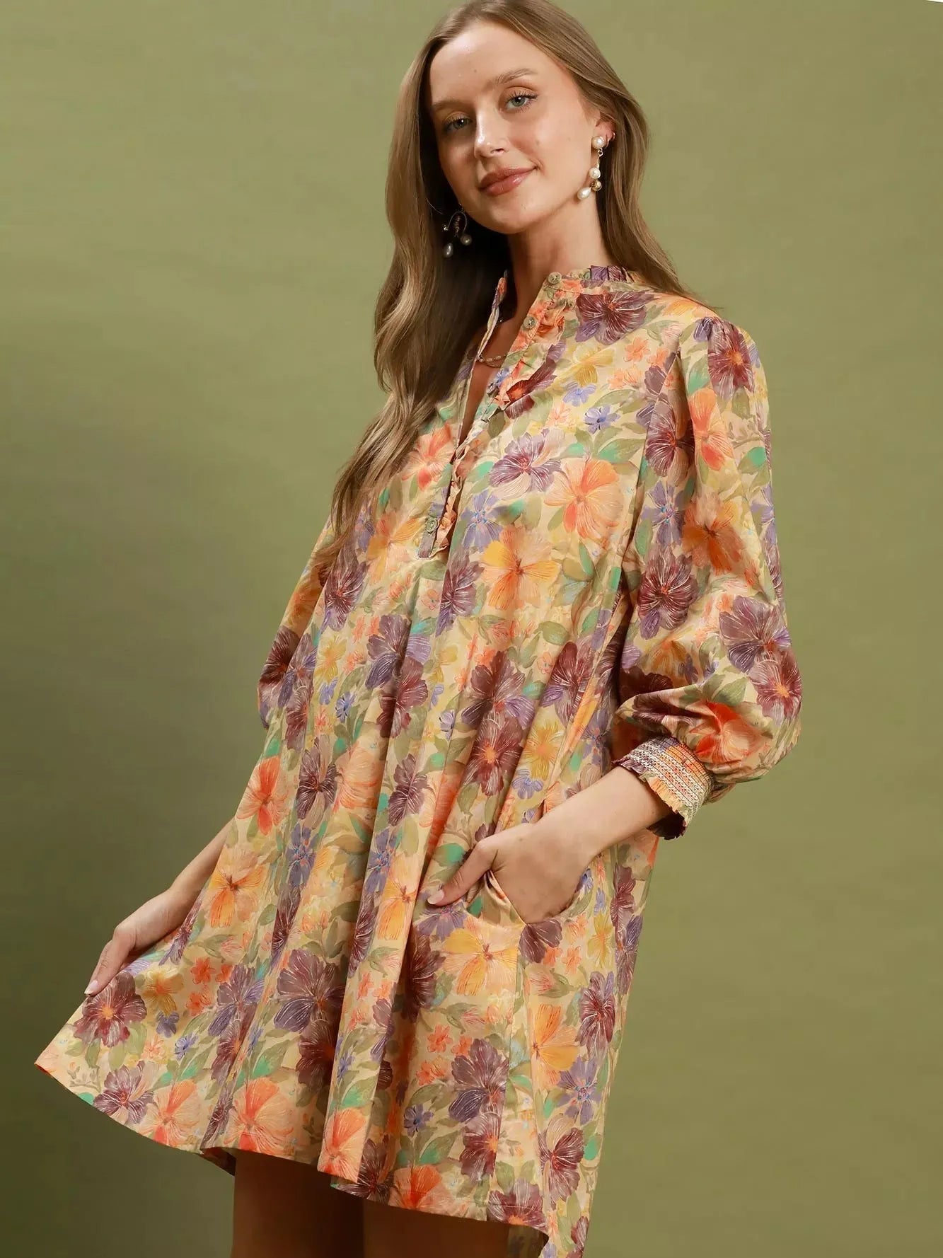 Umgee Natural Florals Smocked Ruffled Cuff Mini Dress-Women's Dresses-Shop Z & Joxa