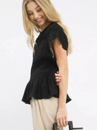 Umgee Noir Whisper Short Sleeve Smocked Peplum Blouse-Women's Shirts & Tops-Shop Z & Joxa