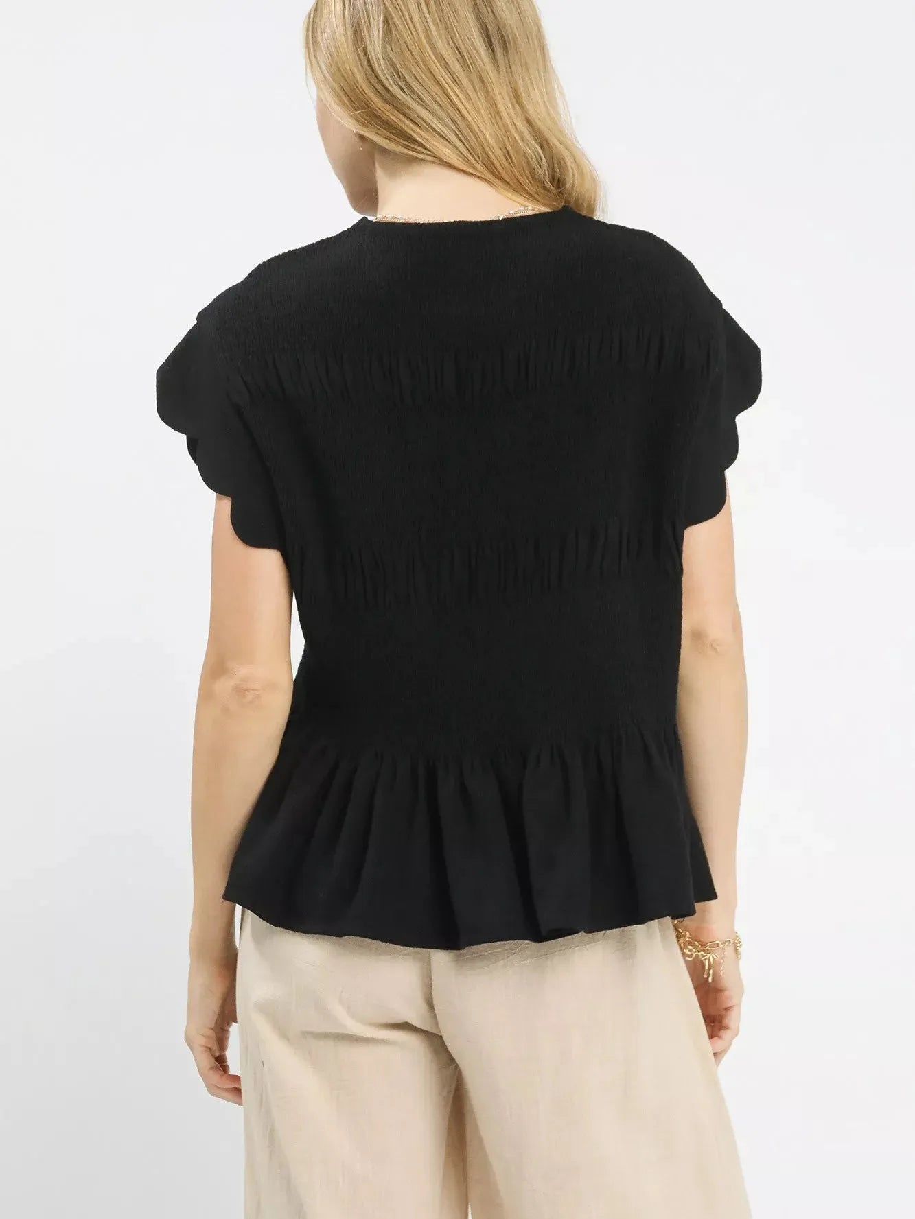 Umgee Noir Whisper Short Sleeve Smocked Peplum Blouse-Women's Shirts & Tops-Shop Z & Joxa