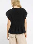 Umgee Noir Whisper Short Sleeve Smocked Peplum Blouse-Women's Shirts & Tops-Shop Z & Joxa