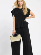 Umgee Noir Whisper Short Sleeve Smocked Peplum Blouse-Women's Shirts & Tops-Shop Z & Joxa