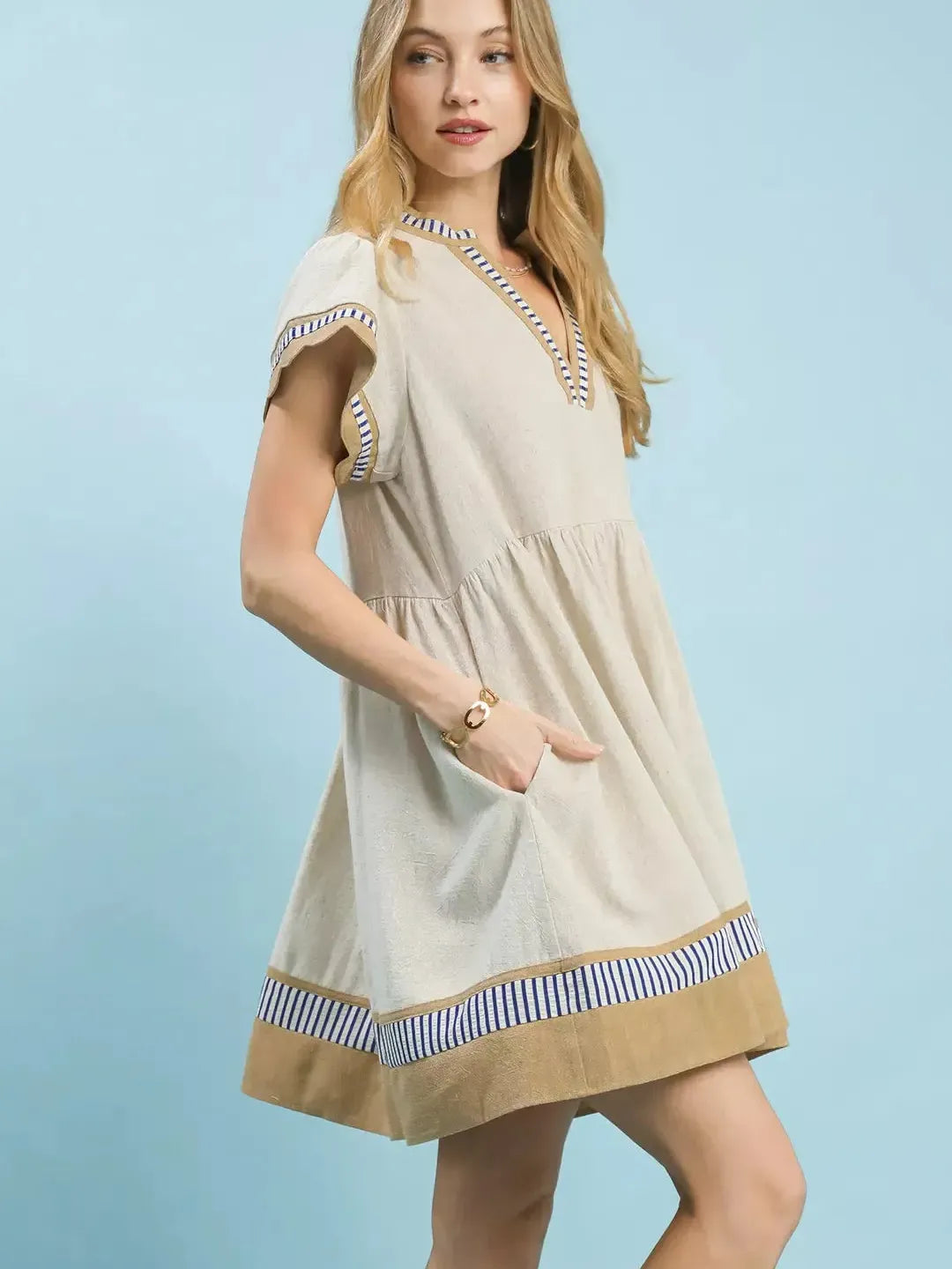 Umgee Oat & Honey Linen Color Block Flutter Sleeve Dress-Women's Dresses-Shop Z & Joxa