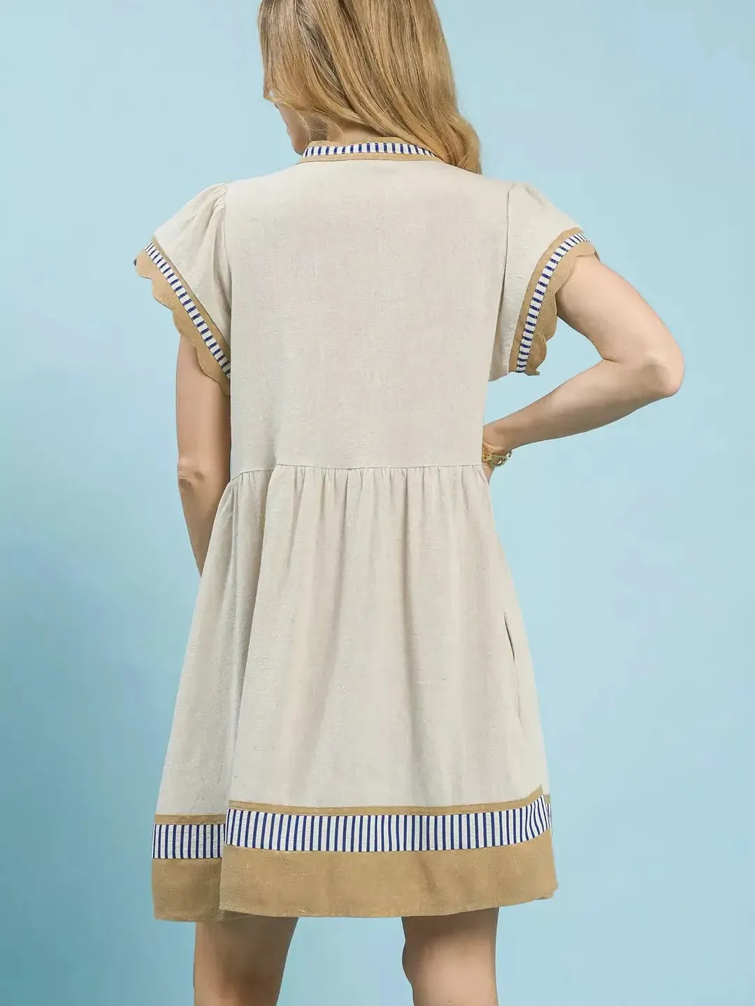 Umgee Oat & Honey Linen Color Block Flutter Sleeve Dress-Women's Dresses-Shop Z & Joxa