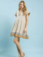 Umgee Oat & Honey Linen Color Block Flutter Sleeve Dress-Women's Dresses-Shop Z & Joxa