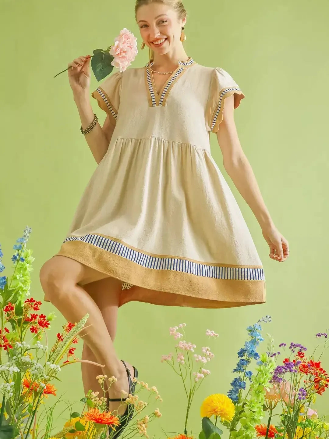 Umgee Oat & Honey Linen Color Block Flutter Sleeve Dress-Women's Dresses-Shop Z & Joxa
