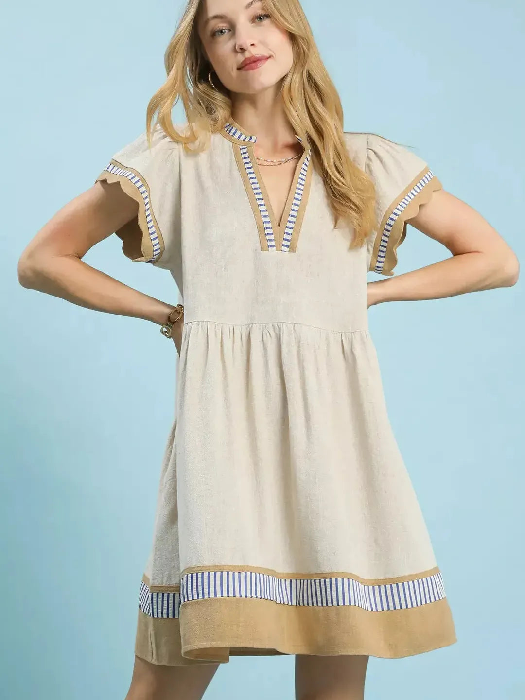 Umgee Oat & Honey Linen Color Block Flutter Sleeve Dress-Women's Dresses-Shop Z & Joxa