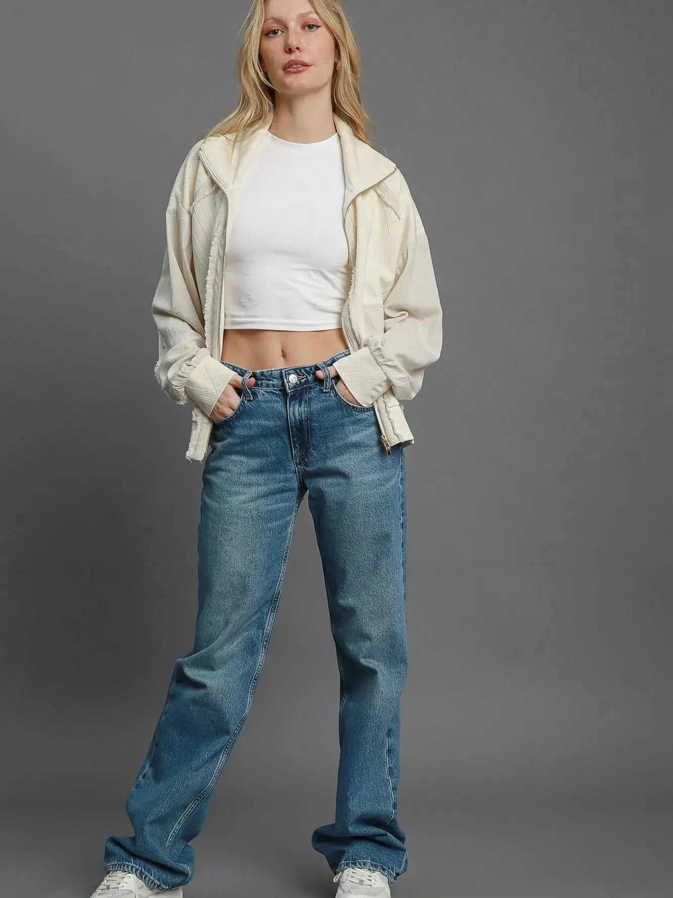 Umgee Oatmeal Appeal Two-Way Jacquard Zip-Up Jacket in Ecru-Coats & Jackets-Shop Z & Joxa