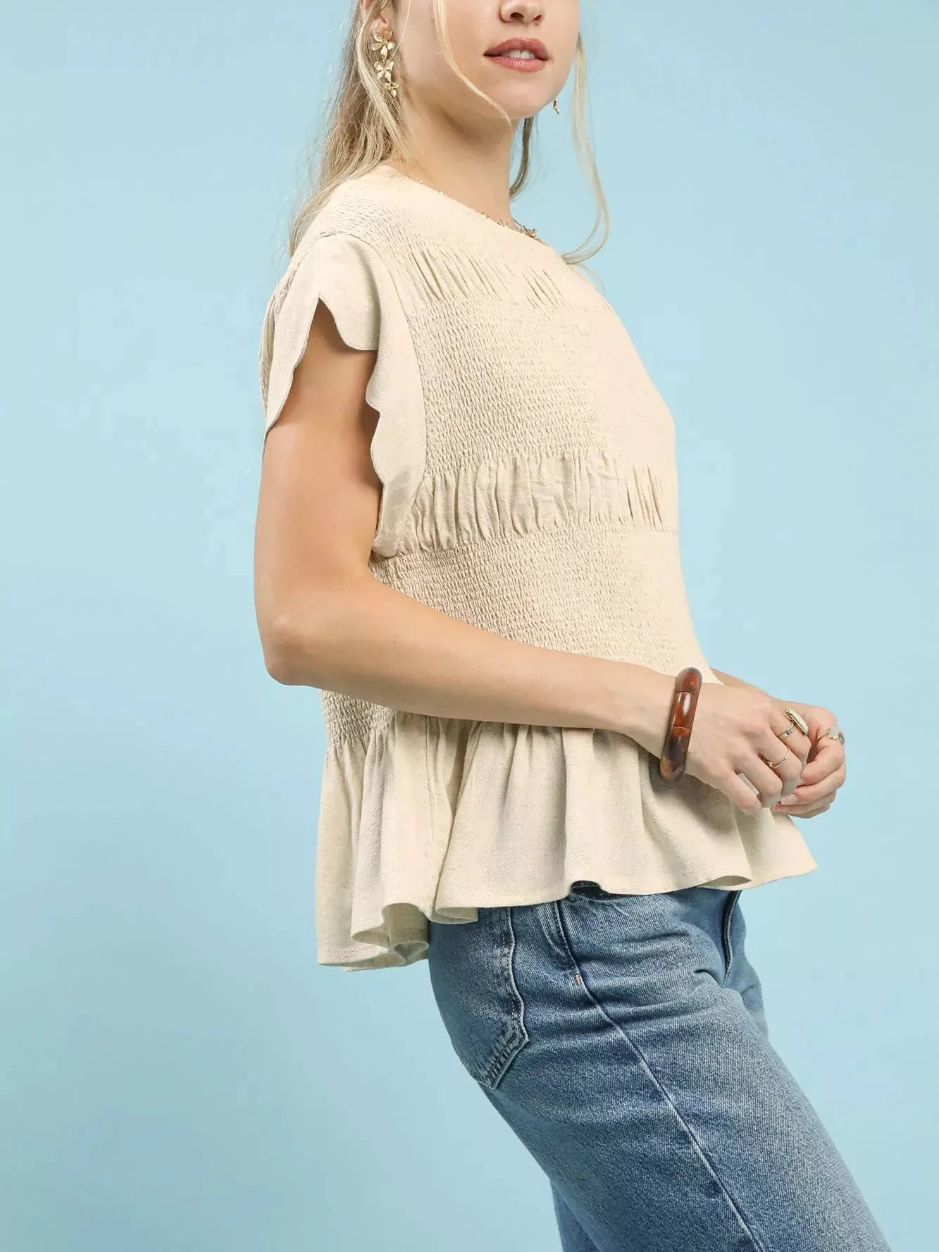 Umgee Oatmeal Whisper Short Sleeve Smocked Peplum Blouse-Women's Shirts & Tops-Shop Z & Joxa