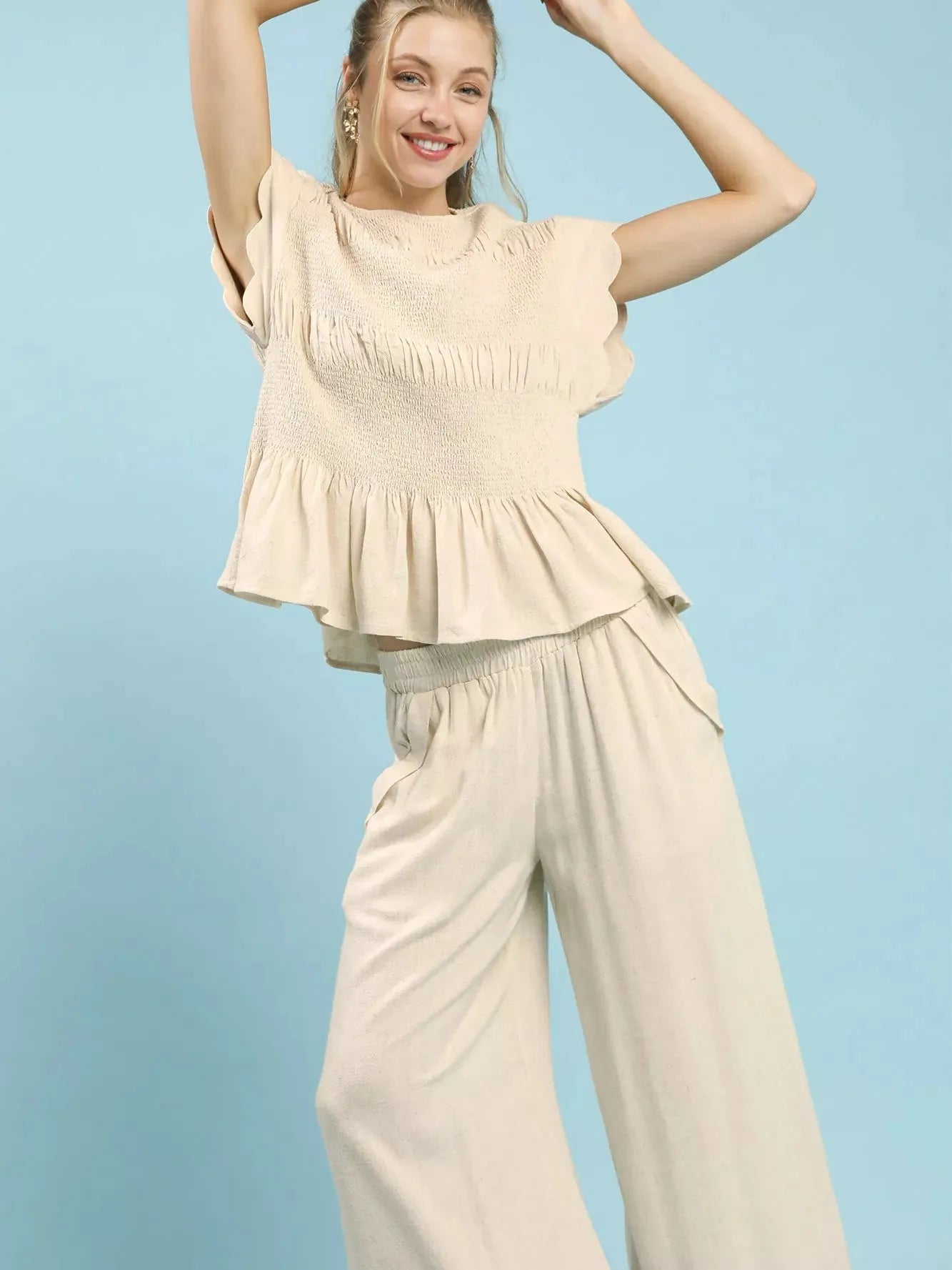 Umgee Oatmeal Whisper Short Sleeve Smocked Peplum Blouse-Women's Shirts & Tops-Shop Z & Joxa